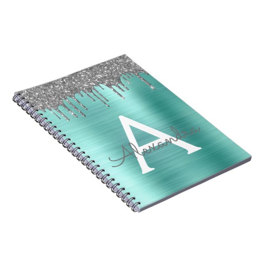 Zilveren Teal Glitter Geborsteld Metal Monogram Na Notitieboek (Rechterzijde)
