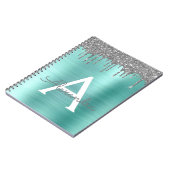 Zilveren Teal Glitter Geborsteld Metal Monogram Na Notitieboek (Linkerzijde)