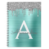 Zilveren Teal Glitter Geborsteld Metal Monogram Na Notitieboek (Voorkant)