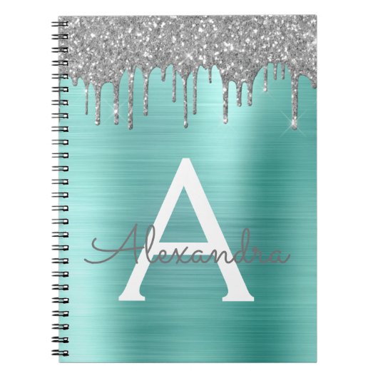 Zilveren Teal Glitter Geborsteld Metal Monogram Na Notitieboek (Voorkant)