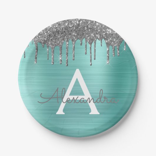 Zilveren Teal Glitter Geborsteld Metal Monogram Na Papieren Bordje (Voorkant)