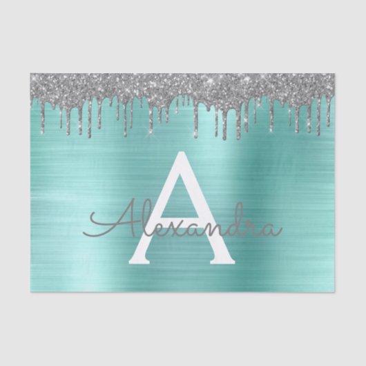Zilveren Teal Glitter Geborsteld Metal Monogram Na Tissuepapier (Voorkant)
