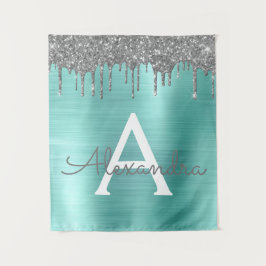 Zilveren Teal Glitter Geborsteld Metal Monogram Na Wandkleed
