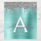 Zilveren Teal Glitter Geborsteld Metal Monogram Na Wijn Etiket (Enkel label)