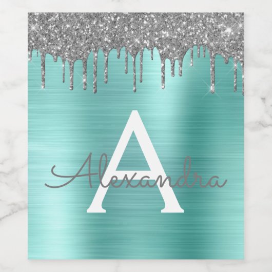 Zilveren Teal Glitter Geborsteld Metal Monogram Na Wijn Etiket (Enkel label)