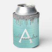 Zilveren Teal Glitter Geborsteld Metalen Monogram  Blikjeskoeler (Blikje Voorkant)