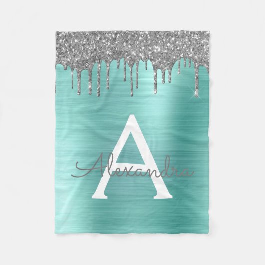 Zilveren Teal Glitter Geborsteld Metalen Monogram  Fleece Deken (Voorkant)