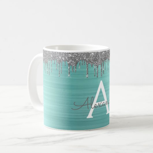 Zilveren Teal Glitter Geborsteld Metalen Monogram  Koffiemok (Voorkant links)