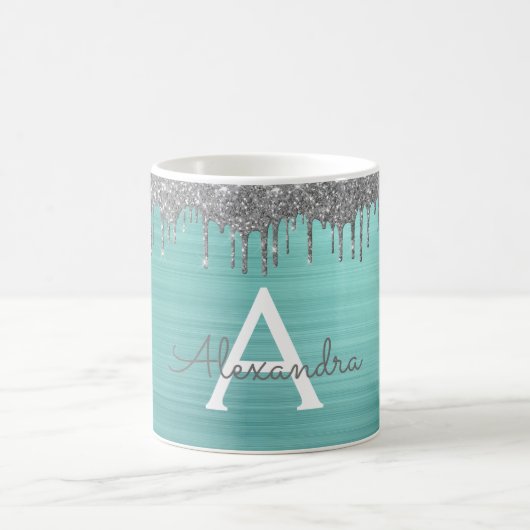 Zilveren Teal Glitter Geborsteld Metalen Monogram  Koffiemok (Center)