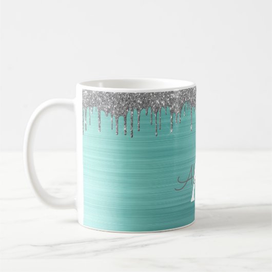 Zilveren Teal Glitter Geborsteld Metalen Monogram  Koffiemok (Links)