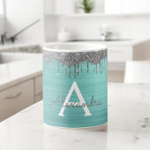 Zilveren Teal Glitter Geborsteld Metalen Monogram  Koffiemok