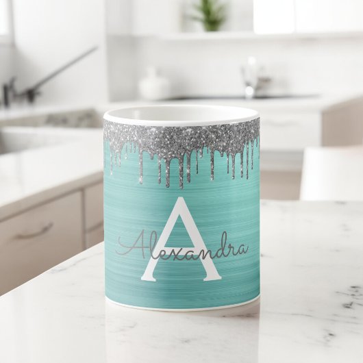 Zilveren Teal Glitter Geborsteld Metalen Monogram Koffiemok