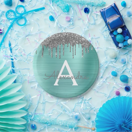 Zilveren Teal Glitter Geborsteld Metalen Monogram Papieren Bordje (Feest)