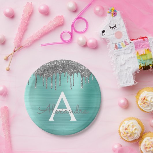 Zilveren Teal Glitter Geborsteld Metalen Monogram Papieren Bordje (Feest)
