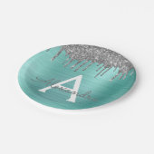 Zilveren Teal Glitter Geborsteld Metalen Monogram  Papieren Bordje (Gekanteld)