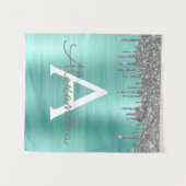 Zilveren Teal Glitter Geborsteld Metalen Monogram  Wandkleed (Voorkant (horizontaal))