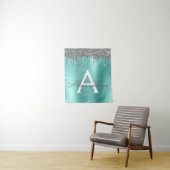 Zilveren Teal Glitter Geborsteld Metalen Monogram  Wandkleed (In situ)