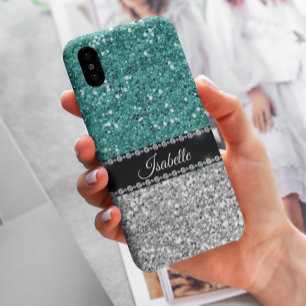 Zilveren Teal Glitter Glam Bling Persoonlijk Case-Mate iPhone Case