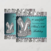 Zilveren Teal Glitter Hakken Feest Uitnodiging (Voorkant / Achterkant)