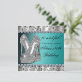 Zilveren Teal Glitter Hakken Feest Uitnodiging (Staand voorkant)