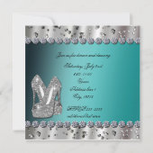 Zilveren Teal Glitter Hakken Feest Uitnodiging (Achterkant)