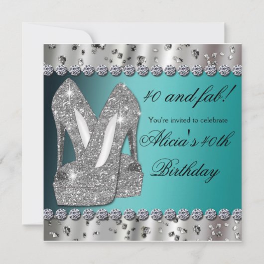 Zilveren Teal Glitter Hakken Feest Uitnodiging (Voorkant)