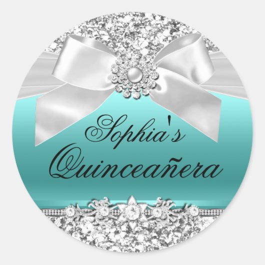 Zilveren Teal Glitter & Jewel Boog Sticker (Voorkant)