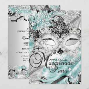Zilveren Teal Glitter Maskerade Quinceanera Kaart