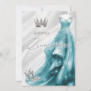 Zilveren Teal Glitterjurk Quinceañera Quince Kaart