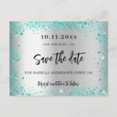 Zilveren teal groene glitters save the date voor S Aankondigingskaart (Voorkant)