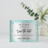 Zilveren teal groene glitters save the date voor S Aankondigingskaart (Staand voorkant)