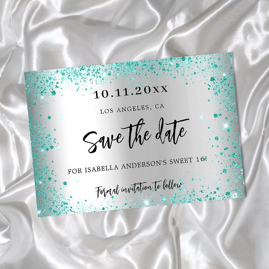 Zilveren teal groene glitters save the date voor S Aankondigingskaart