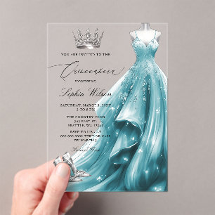Zilveren Teal Jurk Prinses Quinceañera Acryl Uitnodigingen