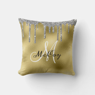 Zilveren Teal Metaal Glitter Look Drips Monogram K Kussen