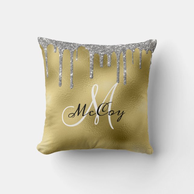 Zilveren Teal Metaal Glitter Look Drips Monogram K Kussen (Voorkant)