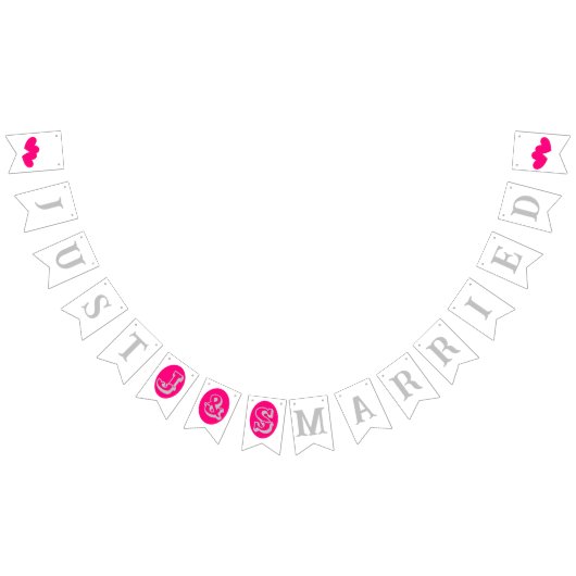 Zilveren tekst en initialen, magenta harten op wit vlaggetjes (Alle)