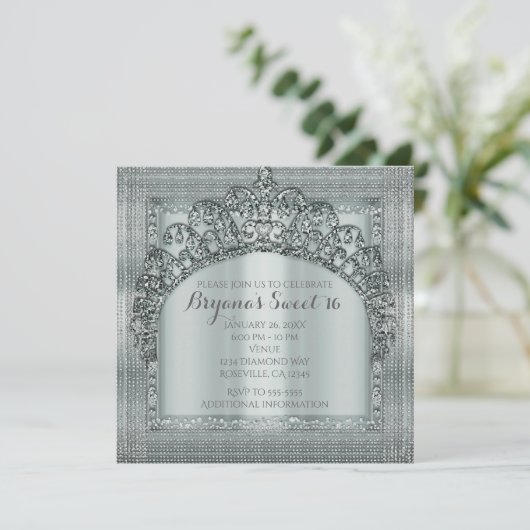 Zilveren Tiara Crown & Diamond Bling Uitnodigingen (Staand voorkant)