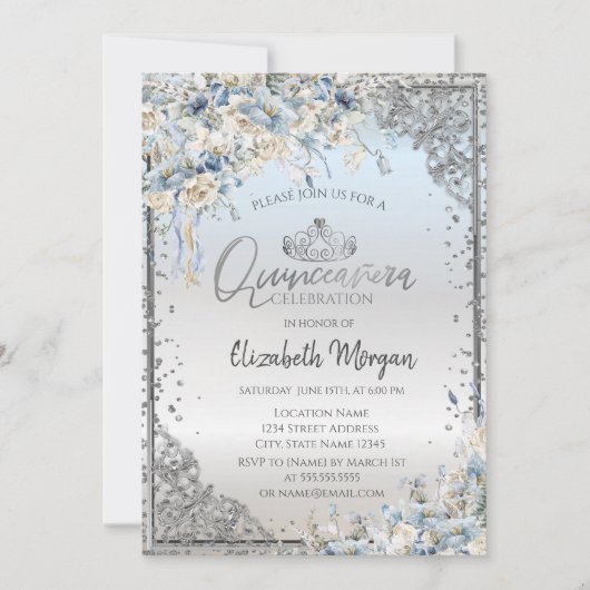 Zilveren Tiara, Diamanten Blauwe Bloemen Quinceañe Kaart (Voorkant)