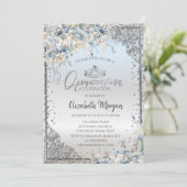 Zilveren Tiara, Diamanten Blauwe Bloemen Quinceañe Kaart (Staand voorkant)