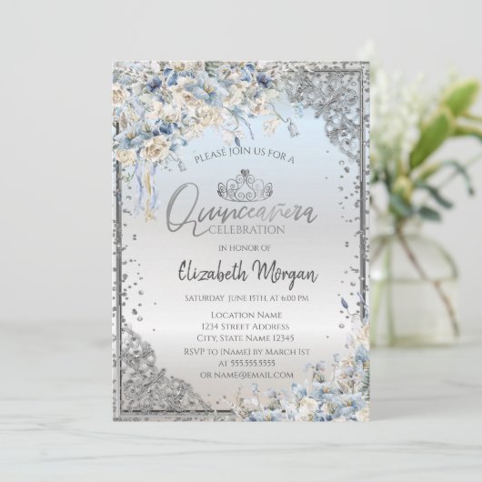 Zilveren Tiara, Diamanten Blauwe Bloemen Quinceañe Kaart (Staand voorkant)