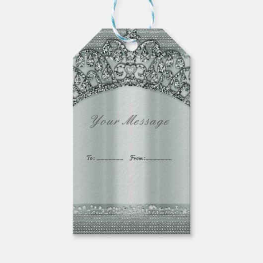 Zilveren Tiara Kroon & Diamant Bling Party Favor Cadeaulabel (Voorkant)