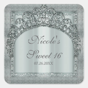 Zilveren Tiara Kroon & Diamant Bling Party Favor Vierkante Sticker