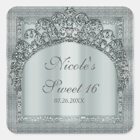 Zilveren Tiara Kroon & Diamant Bling Party Favor Vierkante Sticker (Voorkant)