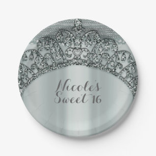Zilveren Tiara Kroon & Diamanten Bling Feest Papieren Bordje