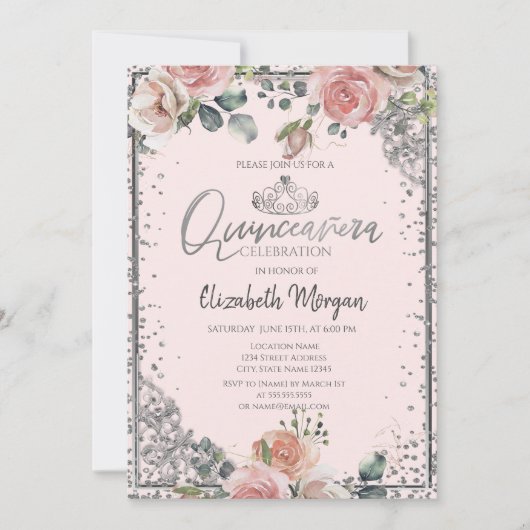 Zilveren Tiara met Parel,Roze Diamanten Rozen Quin Kaart (Voorkant)