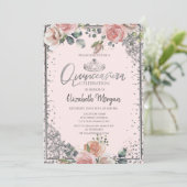 Zilveren Tiara met Parel,Roze Diamanten Rozen Quin Kaart (Staand voorkant)