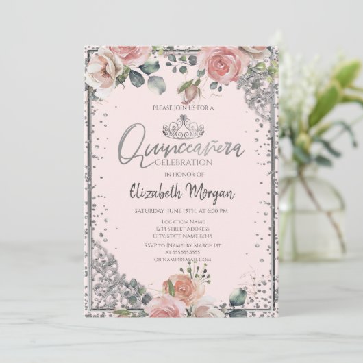 Zilveren Tiara met Parel,Roze Diamanten Rozen Quin Kaart (Staand voorkant)