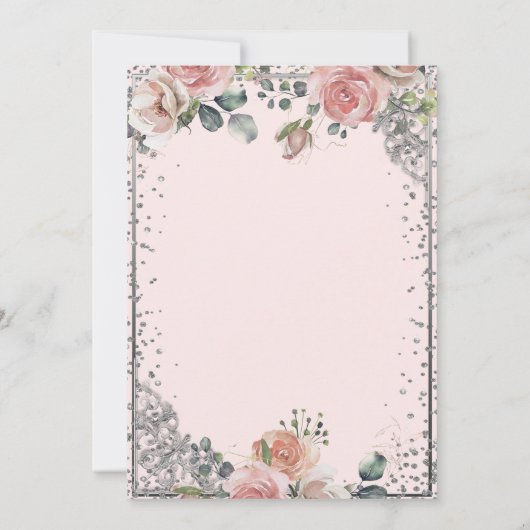 Zilveren Tiara met Parel,Roze Diamanten Rozen Quin Kaart (Achterkant)