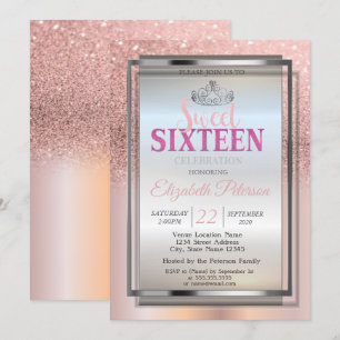 Zilveren Tiara, Roze Gouden Glitters Sweet 16 Fees Kaart