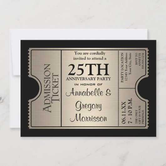 Zilveren Ticket Stijl 25e Huwelijksjubileumfeestje Kaart (Voorkant)